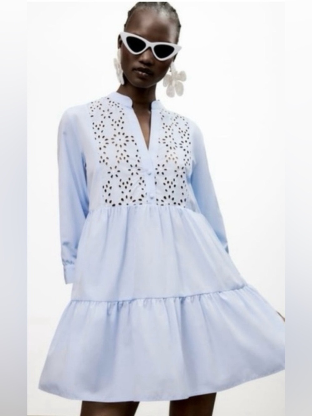 Zara Pale Blue Eyelet Tiered Shirt Dress